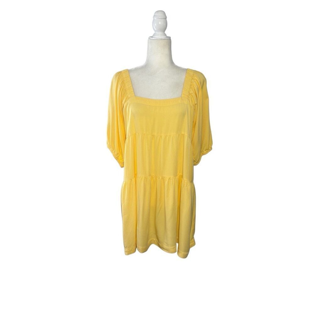 Shinestar square neck tiered butter yellow babydoll dress with blouson sleeves -